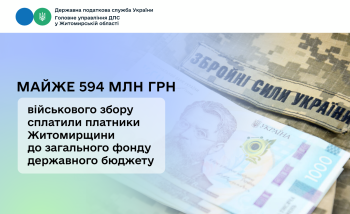 Військовий збір: платники Житомирщини сплатили до загального фонду державного бюджету майже 594 млн гривень